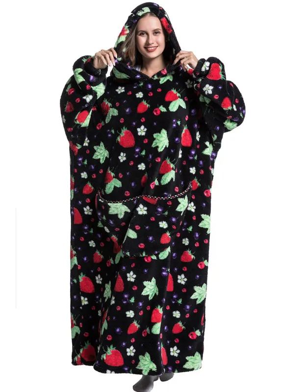 Womens Oversized Cartoon Fleece Hoodie Blanket With Front Pocket