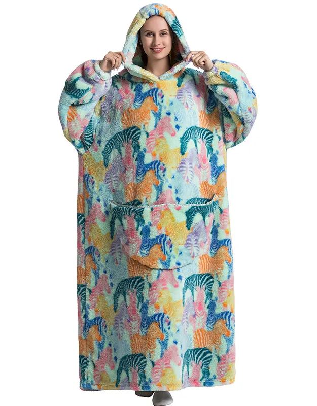 Womens Oversized Cartoon Fleece Hoodie Blanket With Front Pocket