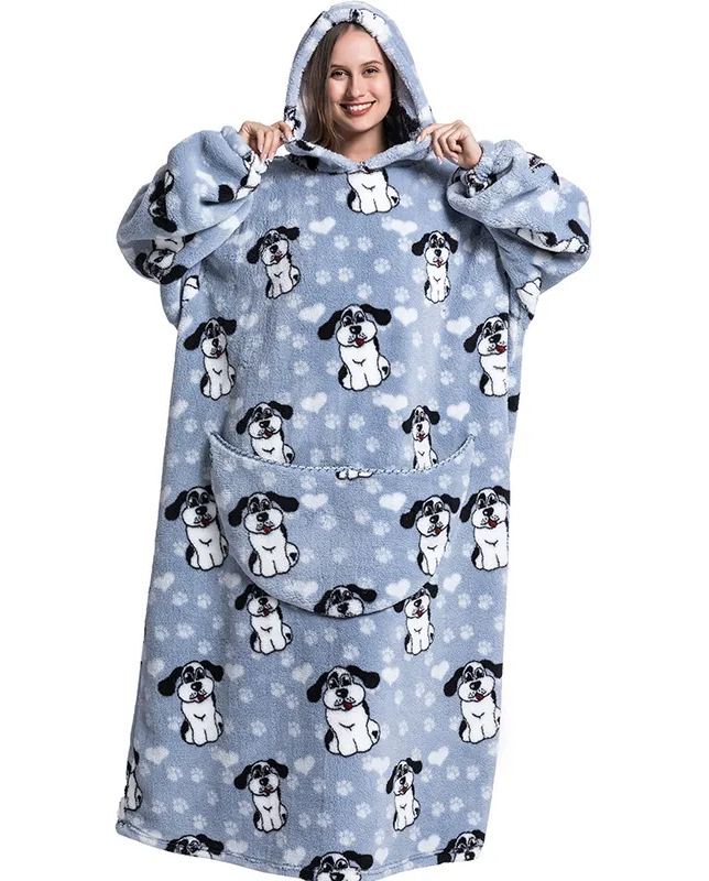 Womens Oversized Cartoon Fleece Hoodie Blanket With Front Pocket