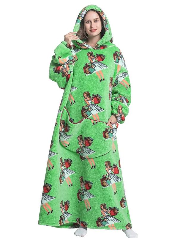 Womens Oversized Cartoon Fleece Hoodie Blanket With Front Pocket