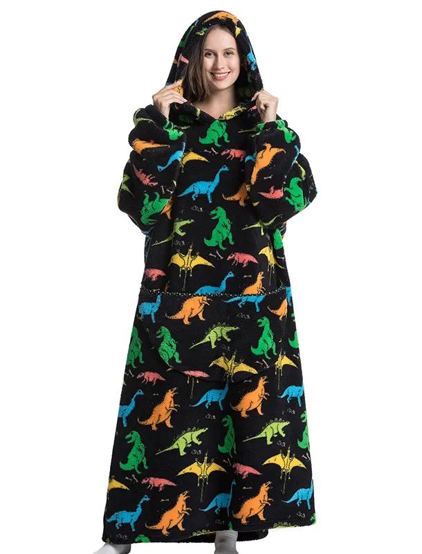 Womens Oversized Cartoon Fleece Hoodie Blanket With Front Pocket