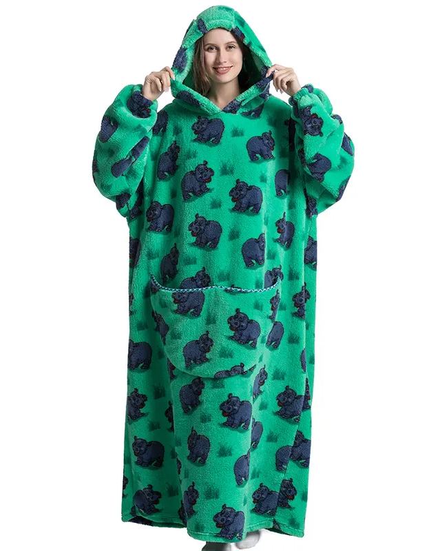 Womens Oversized Cartoon Fleece Hoodie Blanket With Front Pocket
