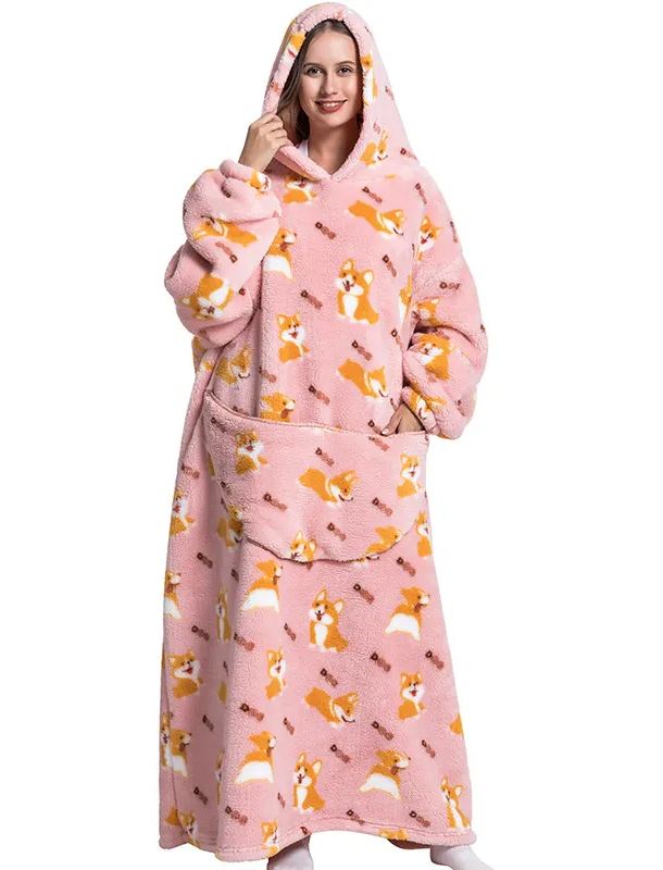 Womens Oversized Cartoon Fleece Hoodie Blanket With Front Pocket