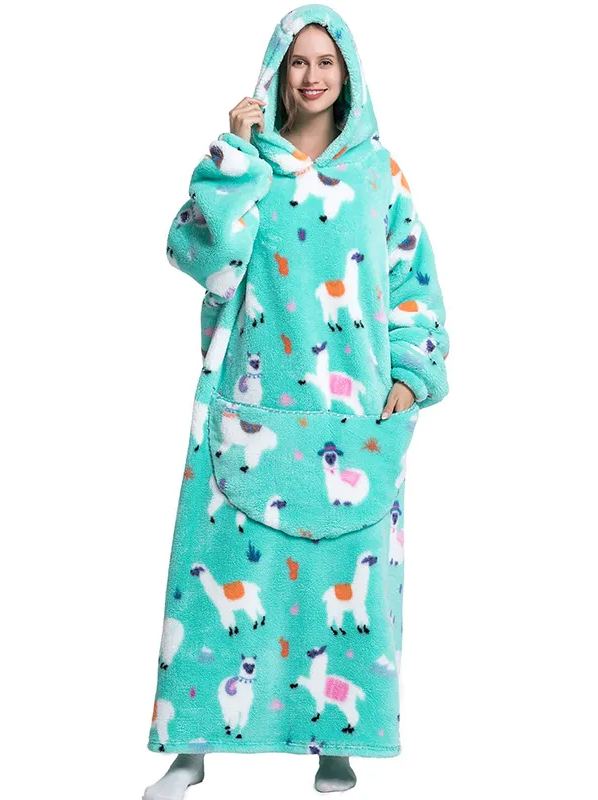 Womens Oversized Cartoon Fleece Hoodie Blanket With Front Pocket