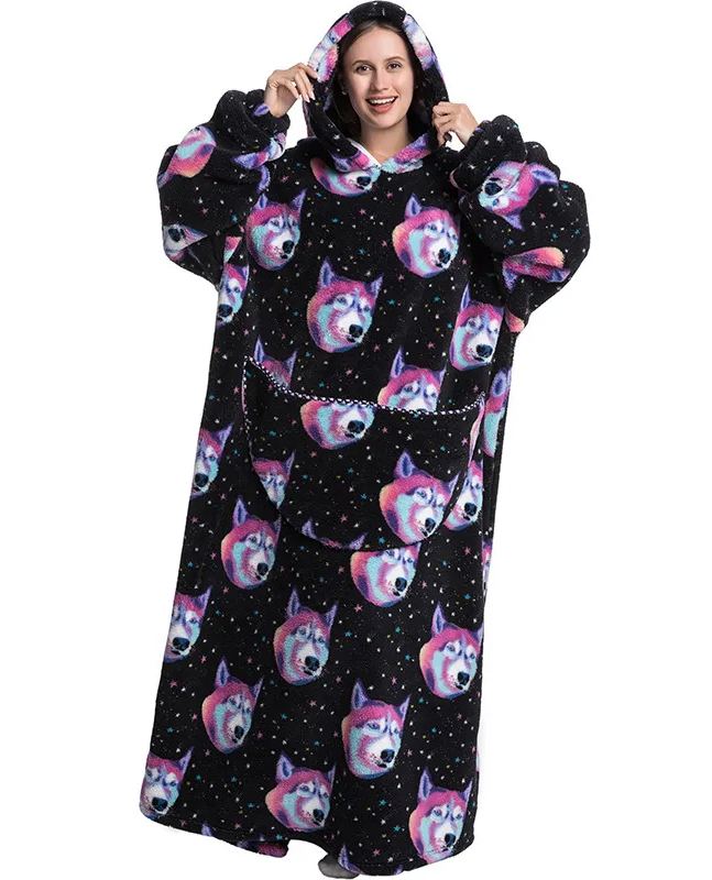 Womens Oversized Cartoon Fleece Hoodie Blanket With Front Pocket