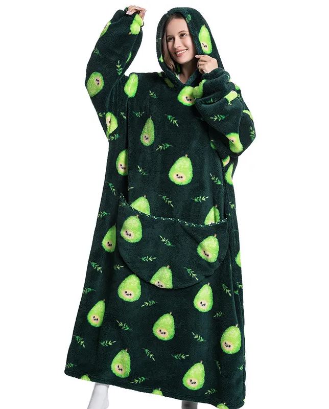 Womens Oversized Cartoon Fleece Hoodie Blanket With Front Pocket