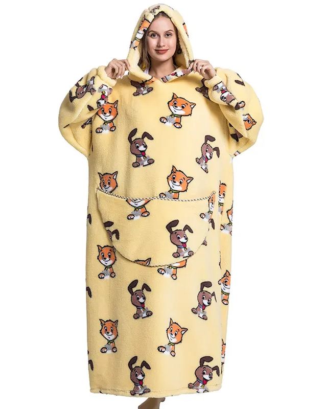 Womens Oversized Cartoon Fleece Hoodie Blanket With Front Pocket