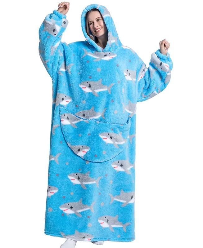 Womens Oversized Cartoon Fleece Hoodie Blanket With Front Pocket