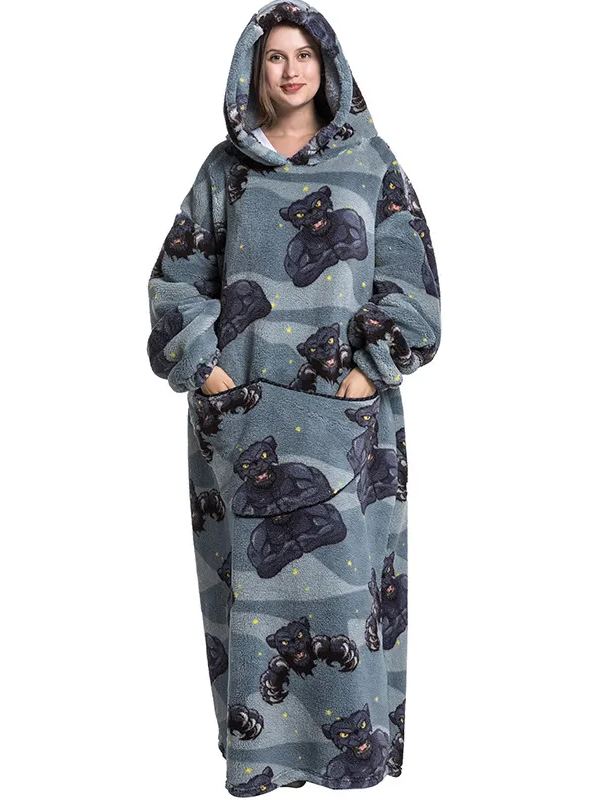 Womens Oversized Cartoon Fleece Hoodie Blanket With Front Pocket