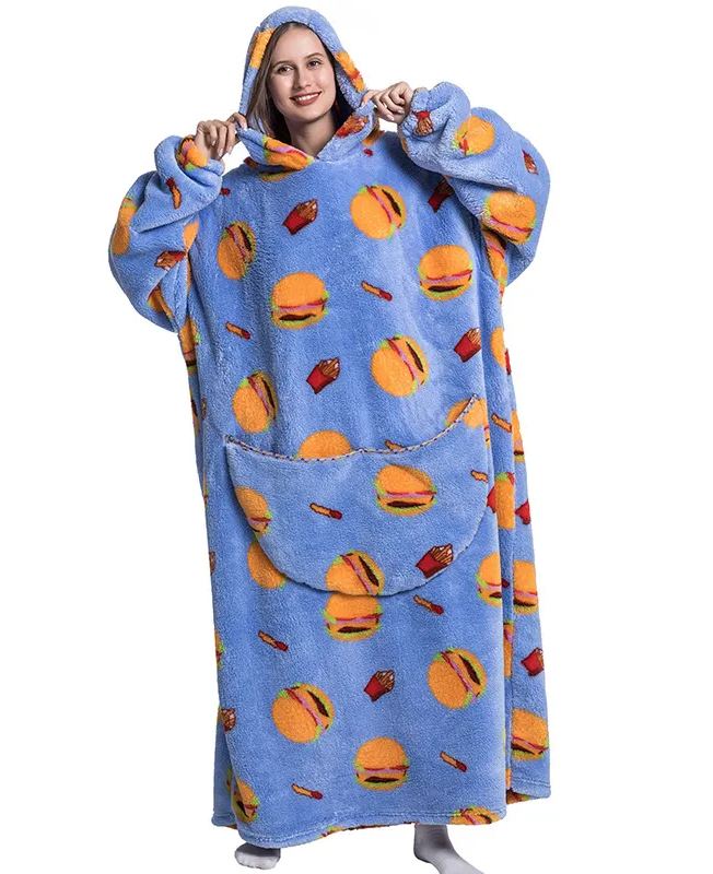 Womens Oversized Cartoon Fleece Hoodie Blanket With Front Pocket