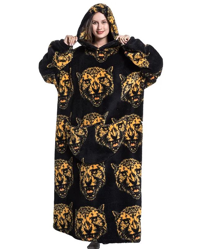 Womens Oversized Cartoon Fleece Hoodie Blanket With Front Pocket