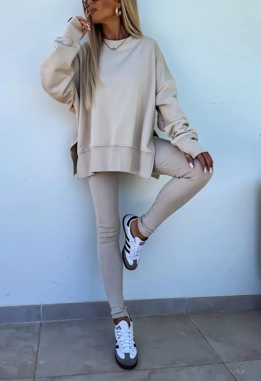 Comfy Loose Slit Sweatshirt and Elastic Waist Tight Pants Set