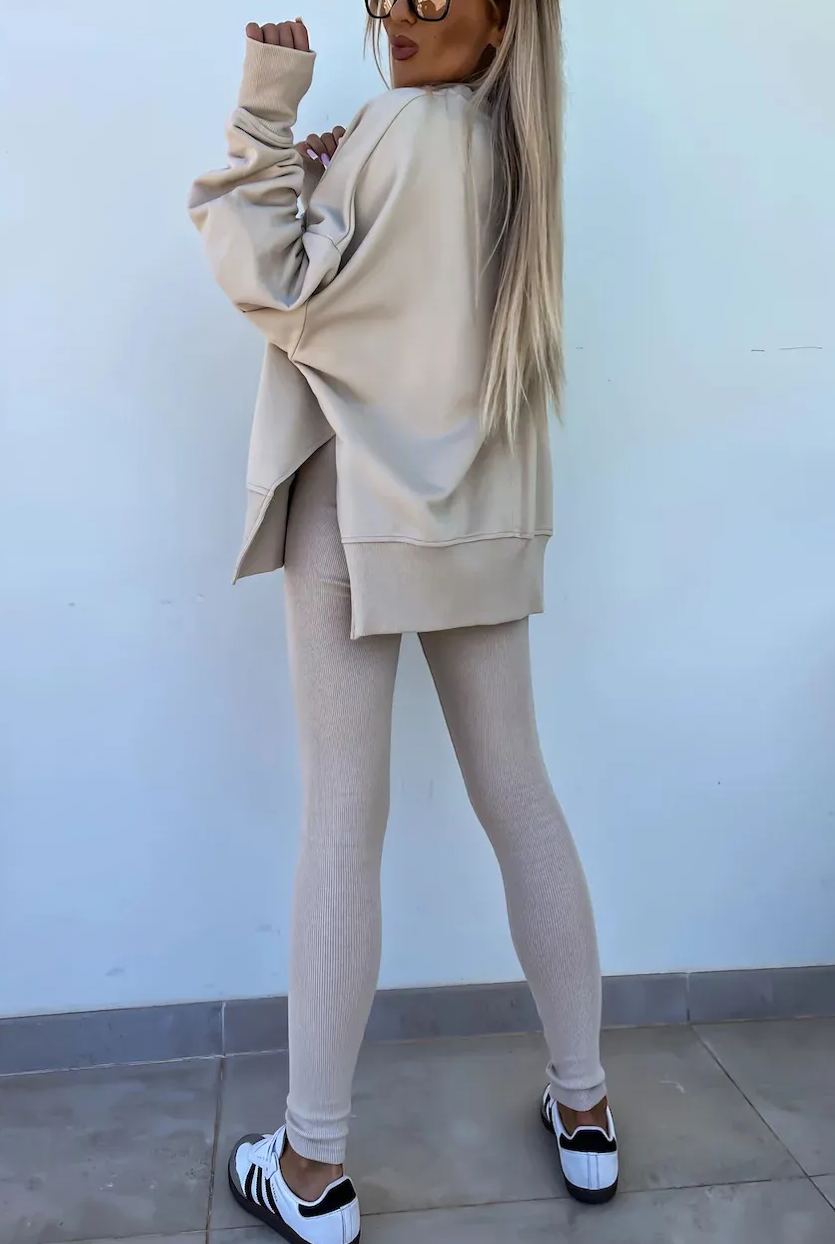 Comfy Loose Slit Sweatshirt and Elastic Waist Tight Pants Set
