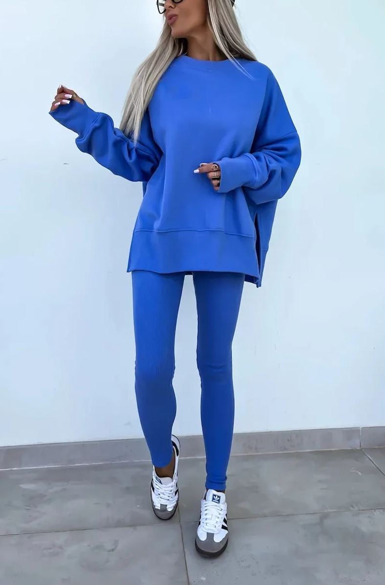 Comfy Loose Slit Sweatshirt and Elastic Waist Tight Pants Set