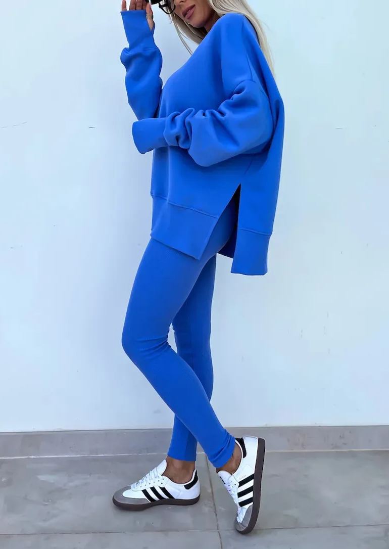 Comfy Loose Slit Sweatshirt and Elastic Waist Tight Pants Set