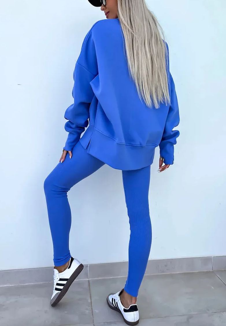 Comfy Loose Slit Sweatshirt and Elastic Waist Tight Pants Set