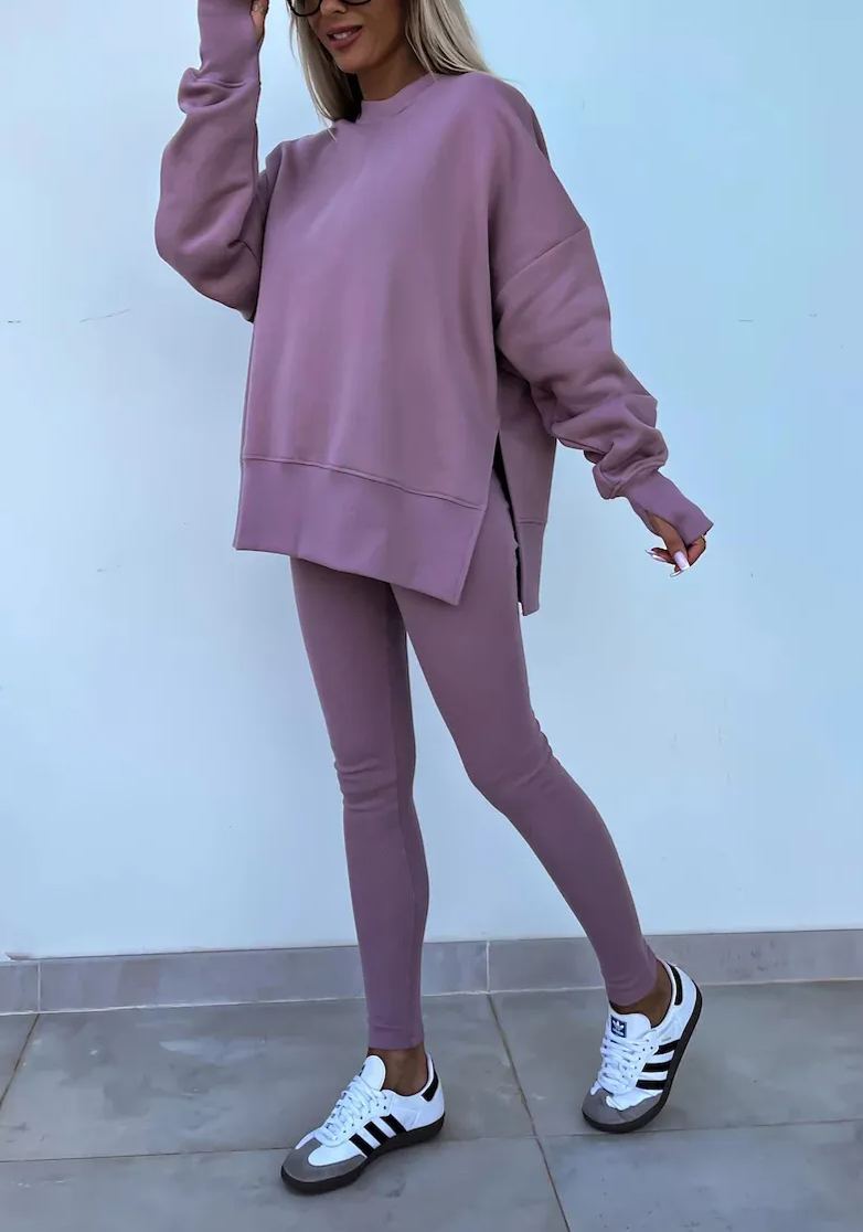 Comfy Loose Slit Sweatshirt and Elastic Waist Tight Pants Set