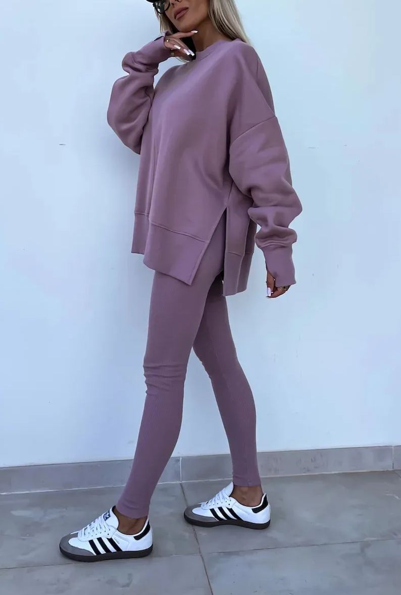 Comfy Loose Slit Sweatshirt and Elastic Waist Tight Pants Set