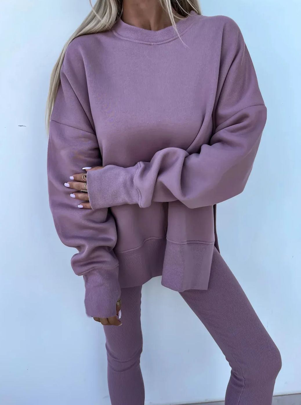 Comfy Loose Slit Sweatshirt and Elastic Waist Tight Pants Set