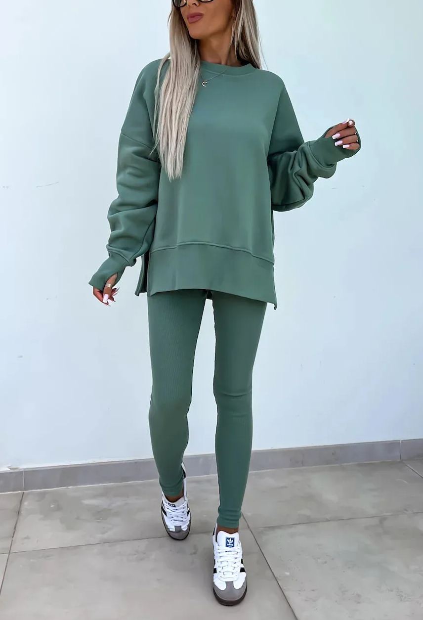 Comfy Loose Slit Sweatshirt and Elastic Waist Tight Pants Set