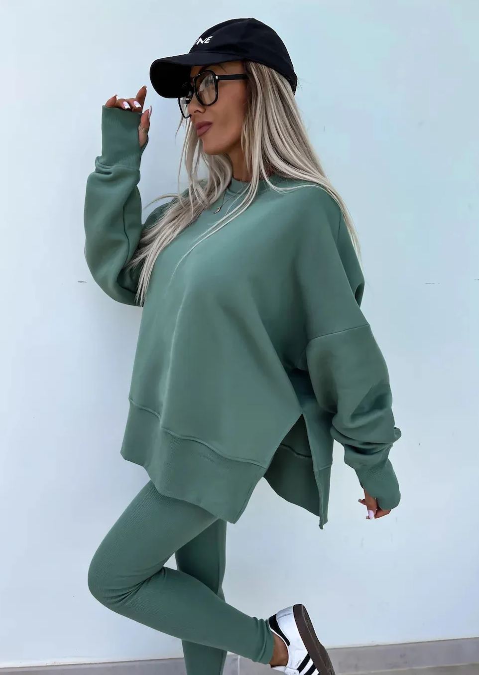 Comfy Loose Slit Sweatshirt and Elastic Waist Tight Pants Set