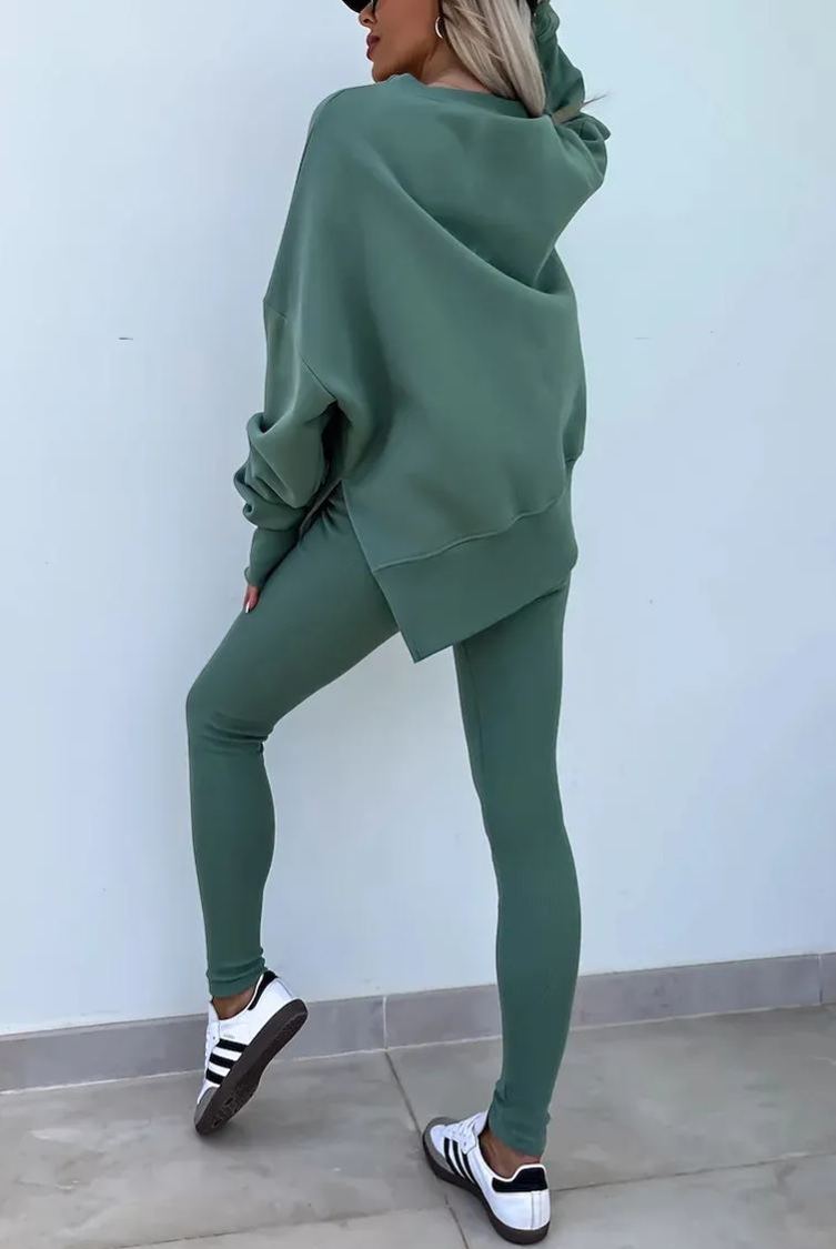 Comfy Loose Slit Sweatshirt and Elastic Waist Tight Pants Set