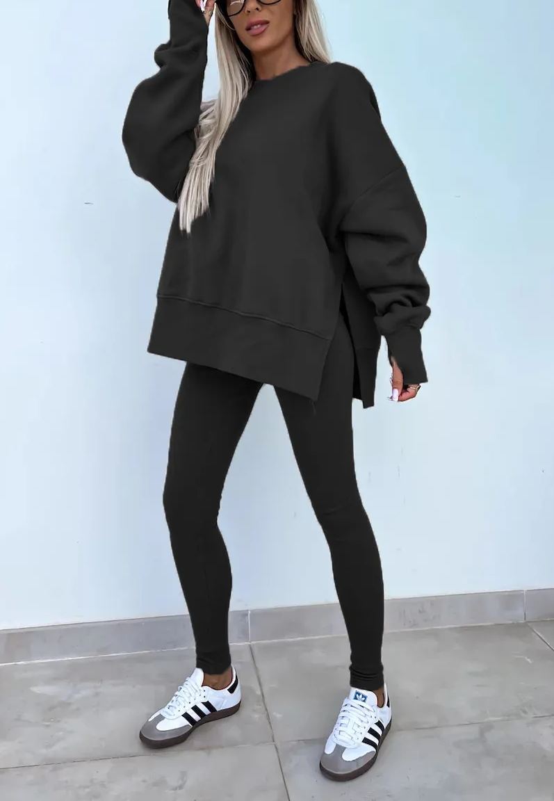 Comfy Loose Slit Sweatshirt and Elastic Waist Tight Pants Set