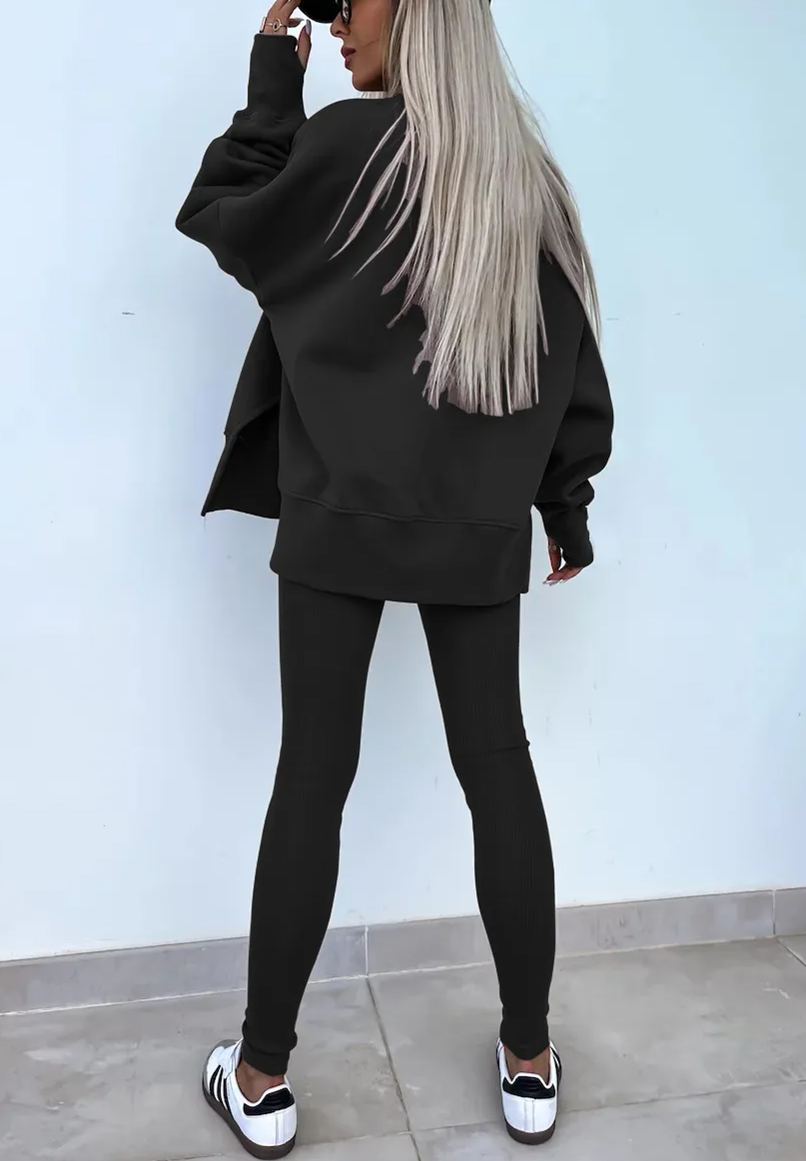Comfy Loose Slit Sweatshirt and Elastic Waist Tight Pants Set