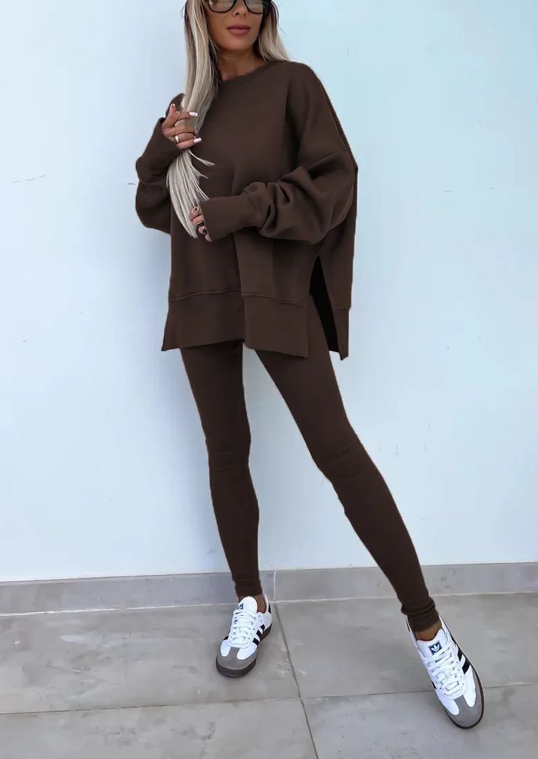 Comfy Loose Slit Sweatshirt and Elastic Waist Tight Pants Set