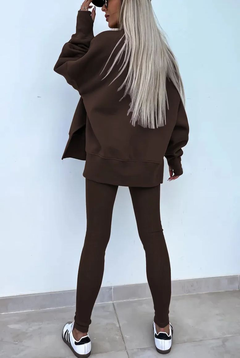 Comfy Loose Slit Sweatshirt and Elastic Waist Tight Pants Set