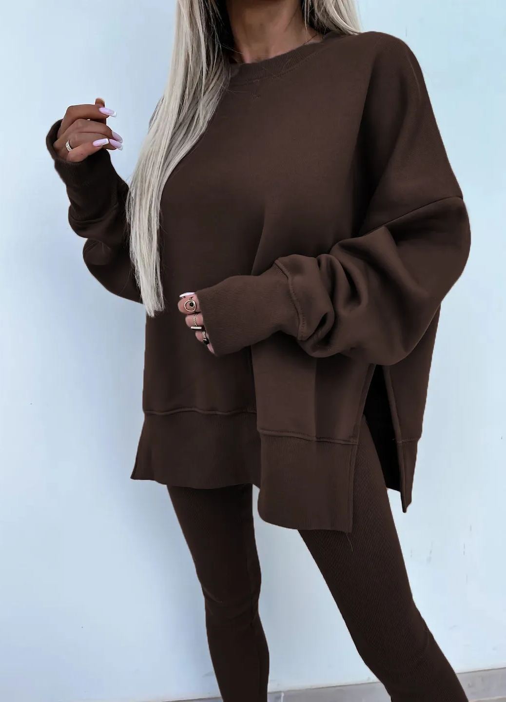 Comfy Loose Slit Sweatshirt and Elastic Waist Tight Pants Set