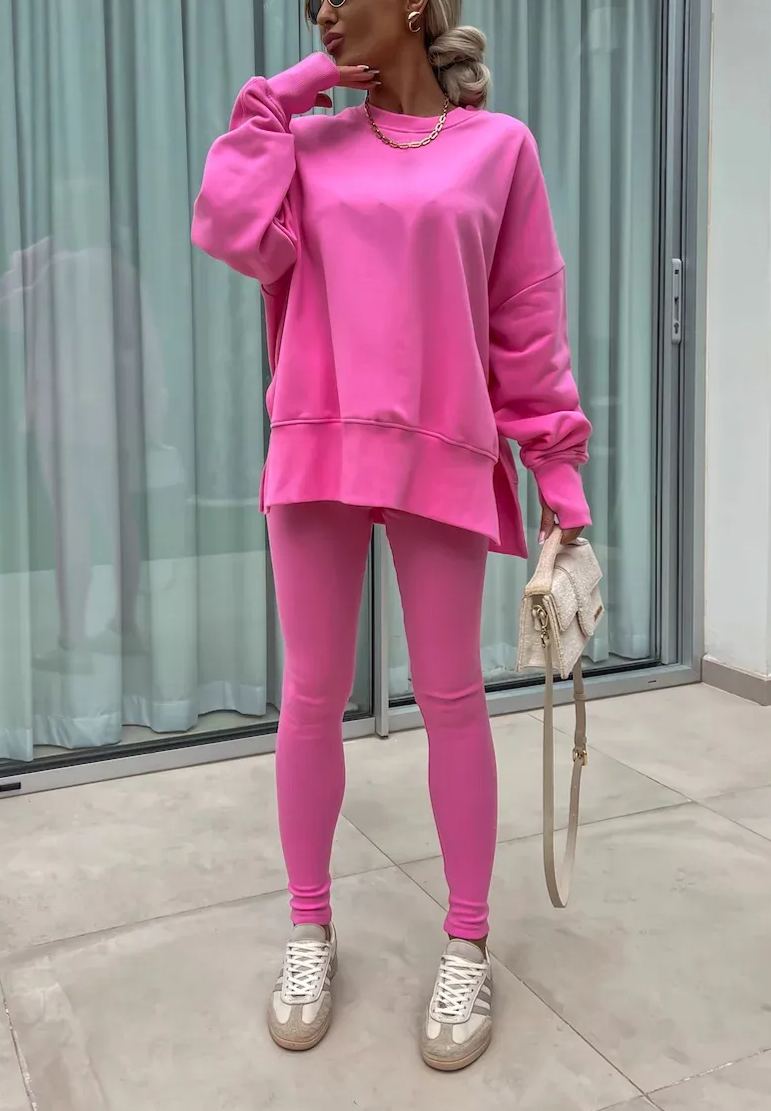 Comfy Loose Slit Sweatshirt and Elastic Waist Tight Pants Set