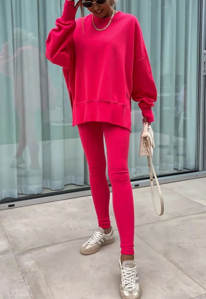 Comfy Loose Slit Sweatshirt and Elastic Waist Tight Pants Set