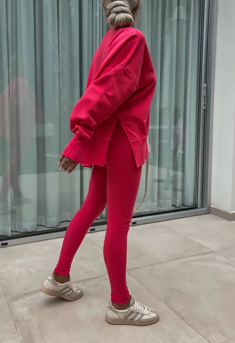 Comfy Loose Slit Sweatshirt and Elastic Waist Tight Pants Set