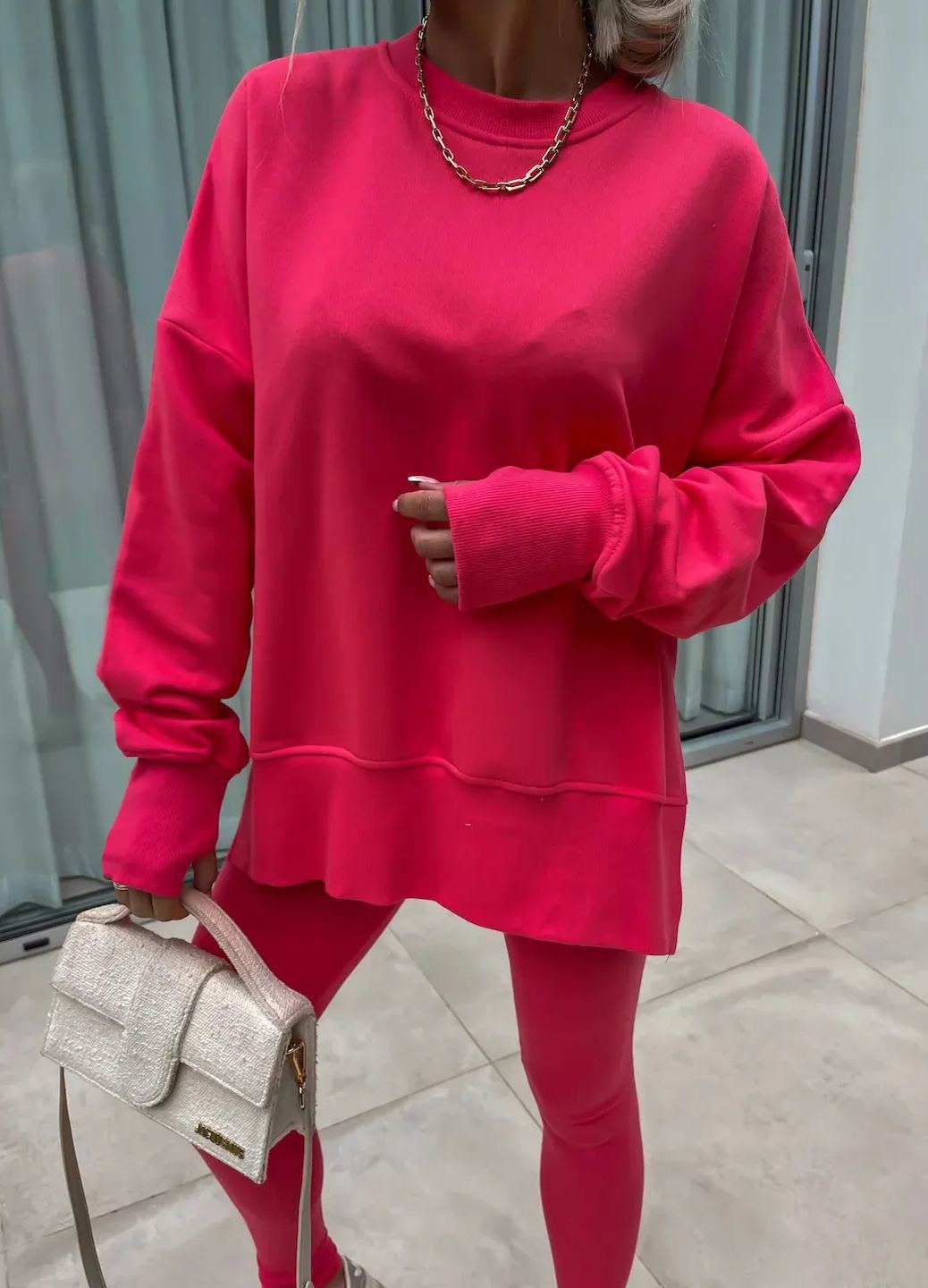 Comfy Loose Slit Sweatshirt and Elastic Waist Tight Pants Set