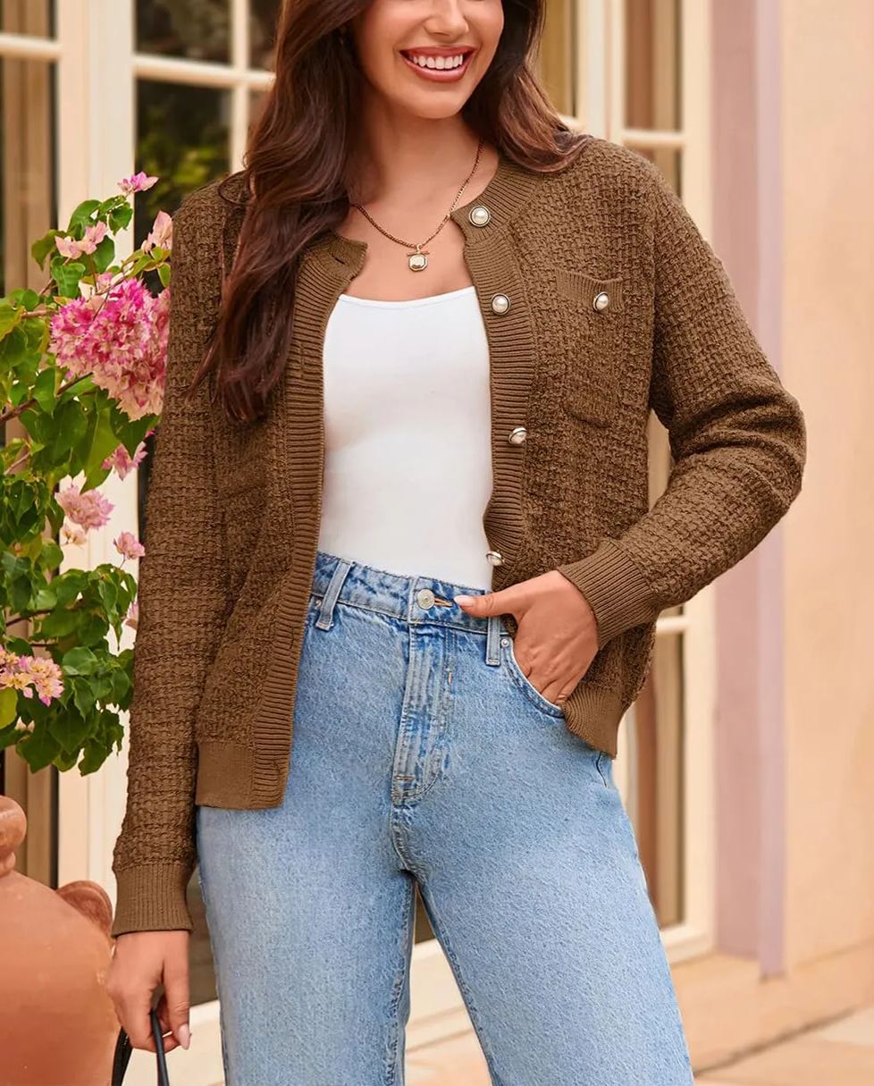 Womens Open Front Button Down Texture Knit Cardigan Sweaters with Pockets