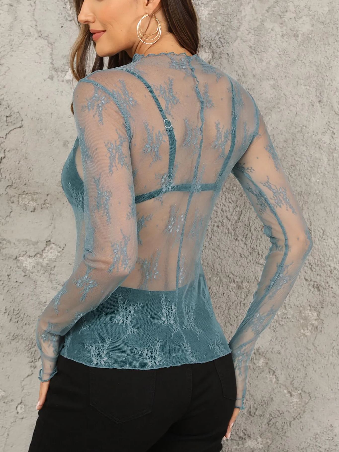 Women's Sexy Long Sleeve Mock Neck Lace Floral Lace Tops