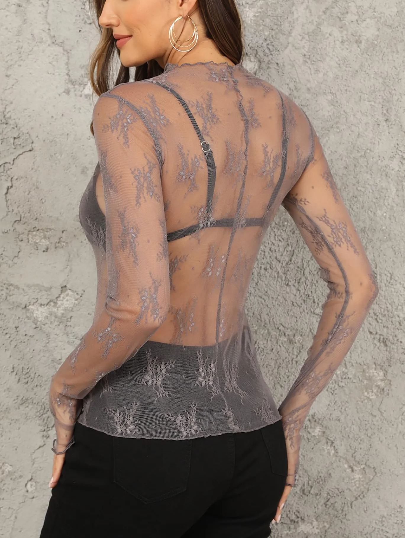 Women's Sexy Long Sleeve Mock Neck Lace Floral Lace Tops