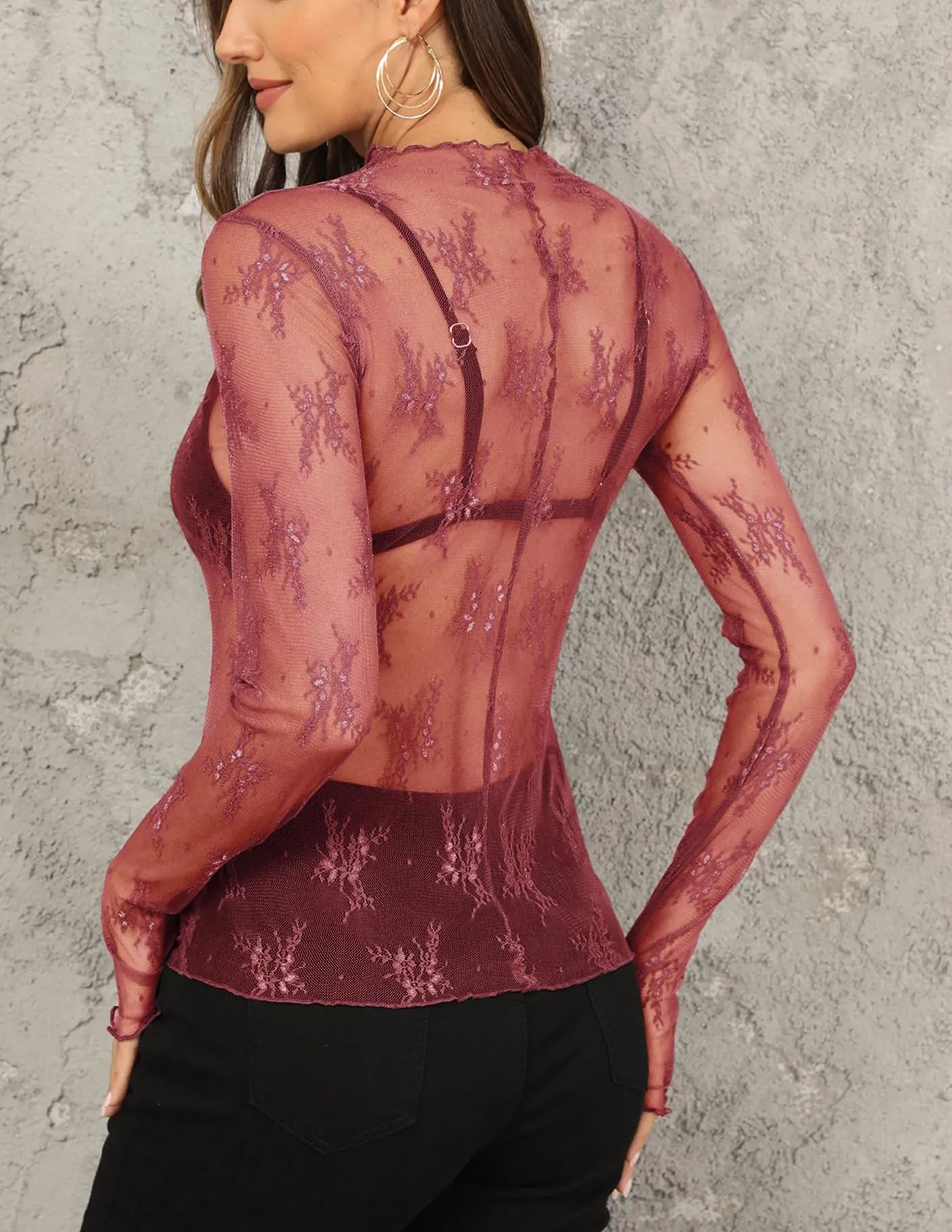 Women's Sexy Long Sleeve Mock Neck Lace Floral Lace Tops