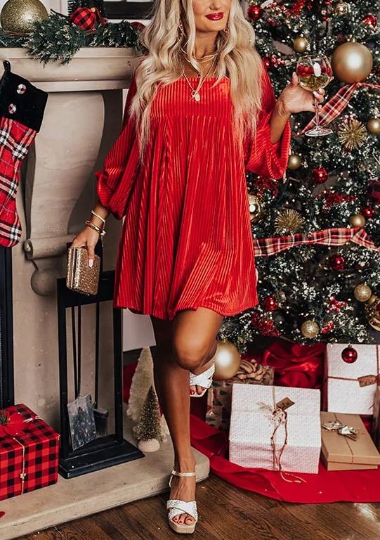 Womens Solid Color Elegant Velvet Babydoll Holiday Dress (BUY 2 FREE SHIPPING)