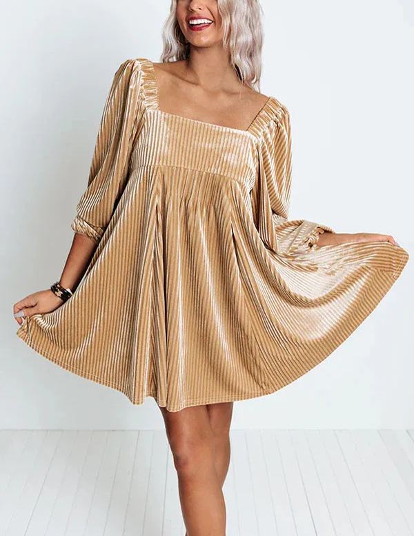 Womens Solid Color Elegant Velvet Babydoll Holiday Dress (BUY 2 FREE SHIPPING)