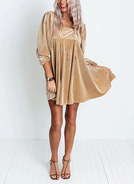 Womens Solid Color Elegant Velvet Babydoll Holiday Dress (BUY 2 FREE SHIPPING)