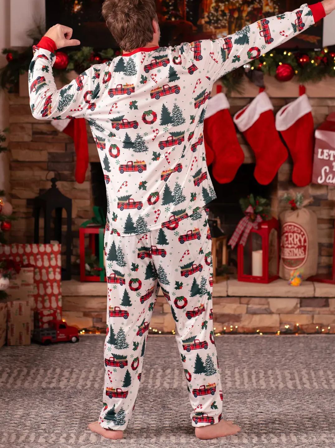 Matching Christmas Pajamas Tree & Car Print White Long-sleeve Pajamas Sets