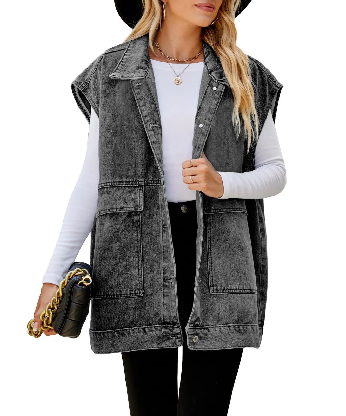Womens Lapel Collar Button Down Sleeveless Loose Jean Vest 