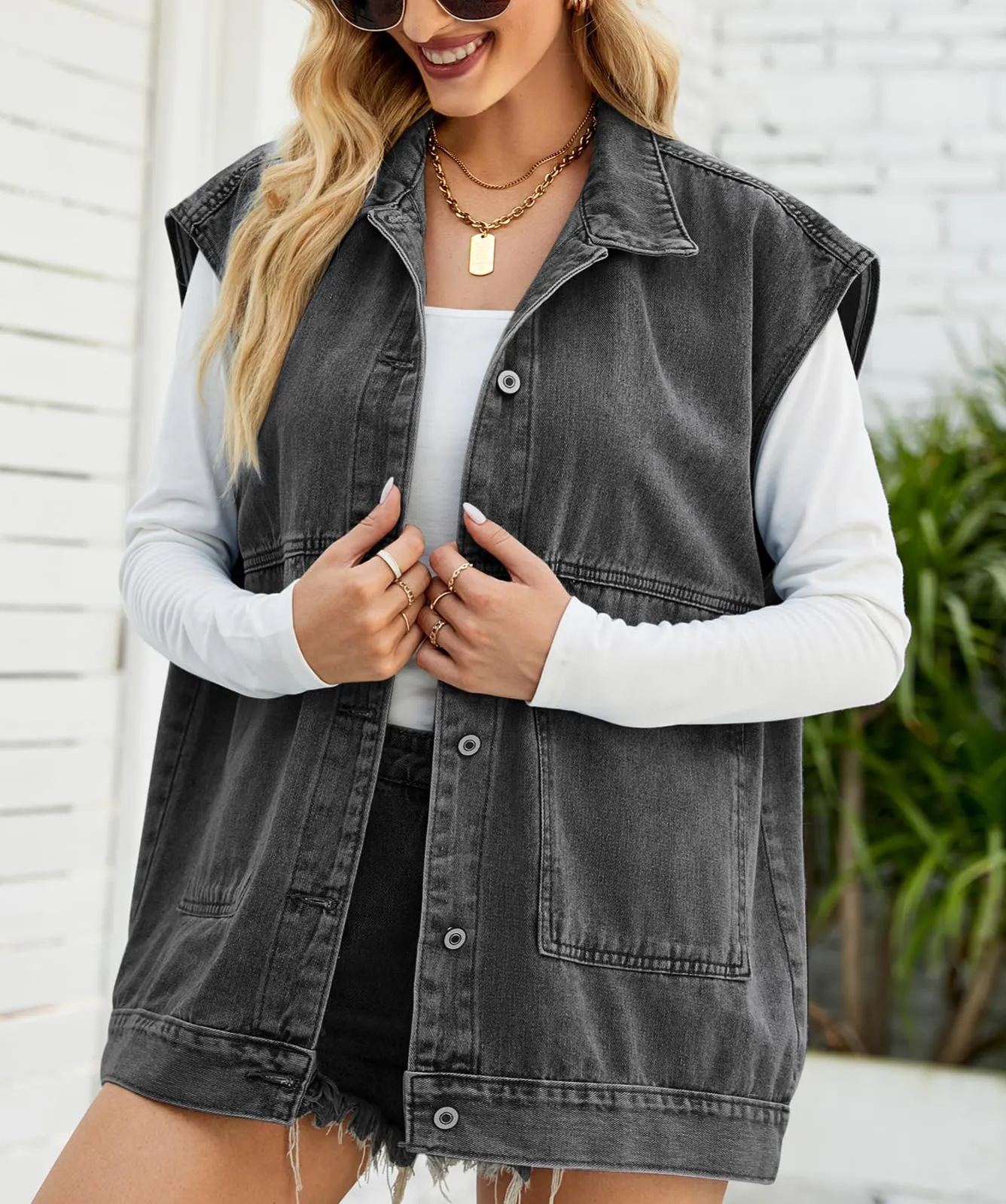 Womens Lapel Collar Button Down Sleeveless Loose Jean Vest 