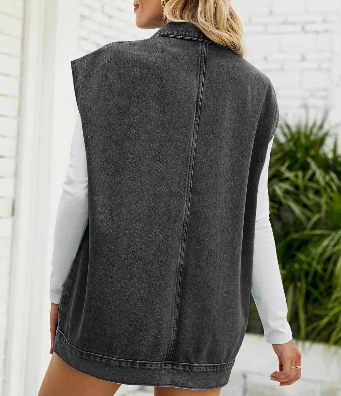 Womens Lapel Collar Button Down Sleeveless Loose Jean Vest 