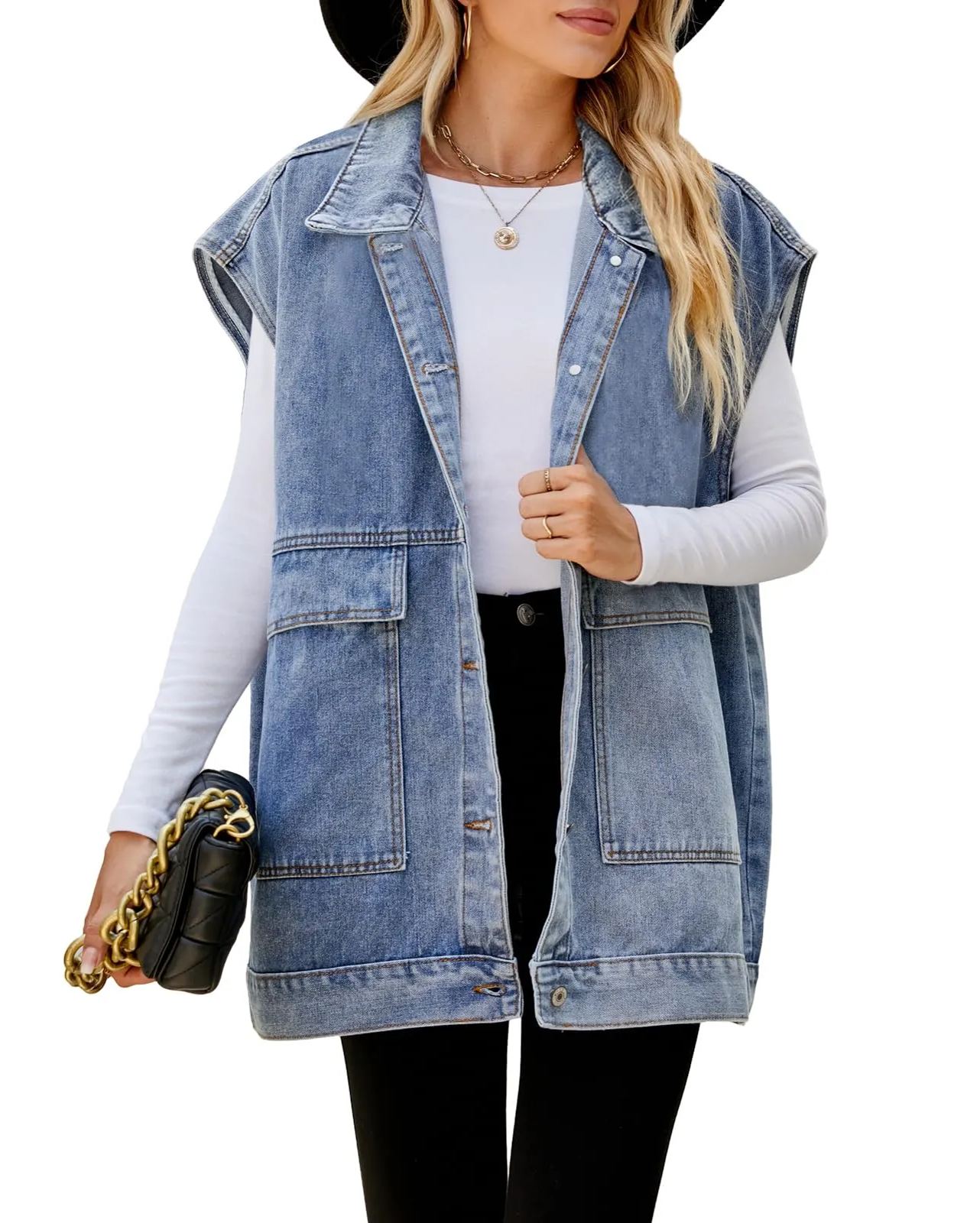 Womens Lapel Collar Button Down Sleeveless Loose Jean Vest 