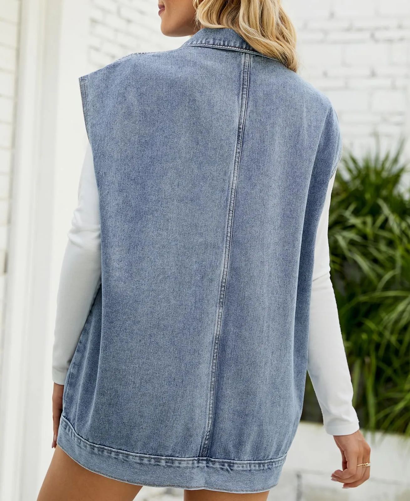 Womens Lapel Collar Button Down Sleeveless Loose Jean Vest 