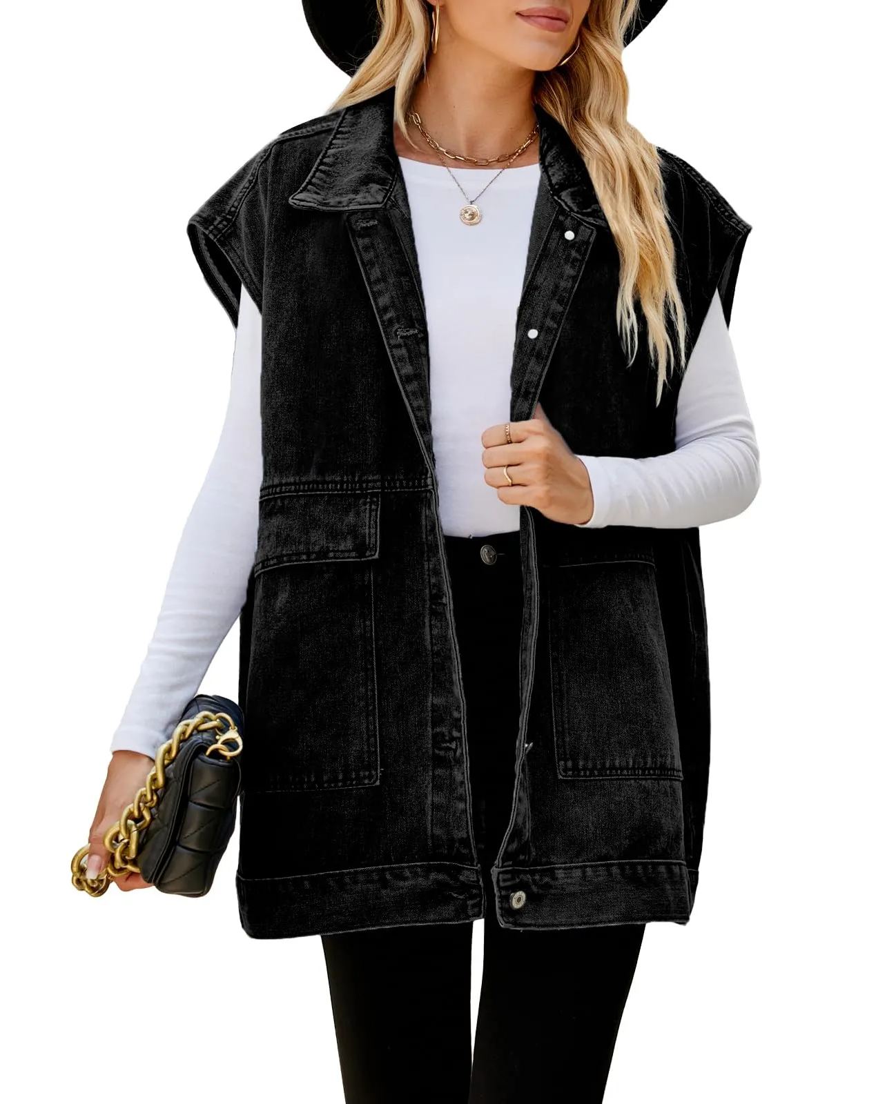 Womens Lapel Collar Button Down Sleeveless Loose Jean Vest 