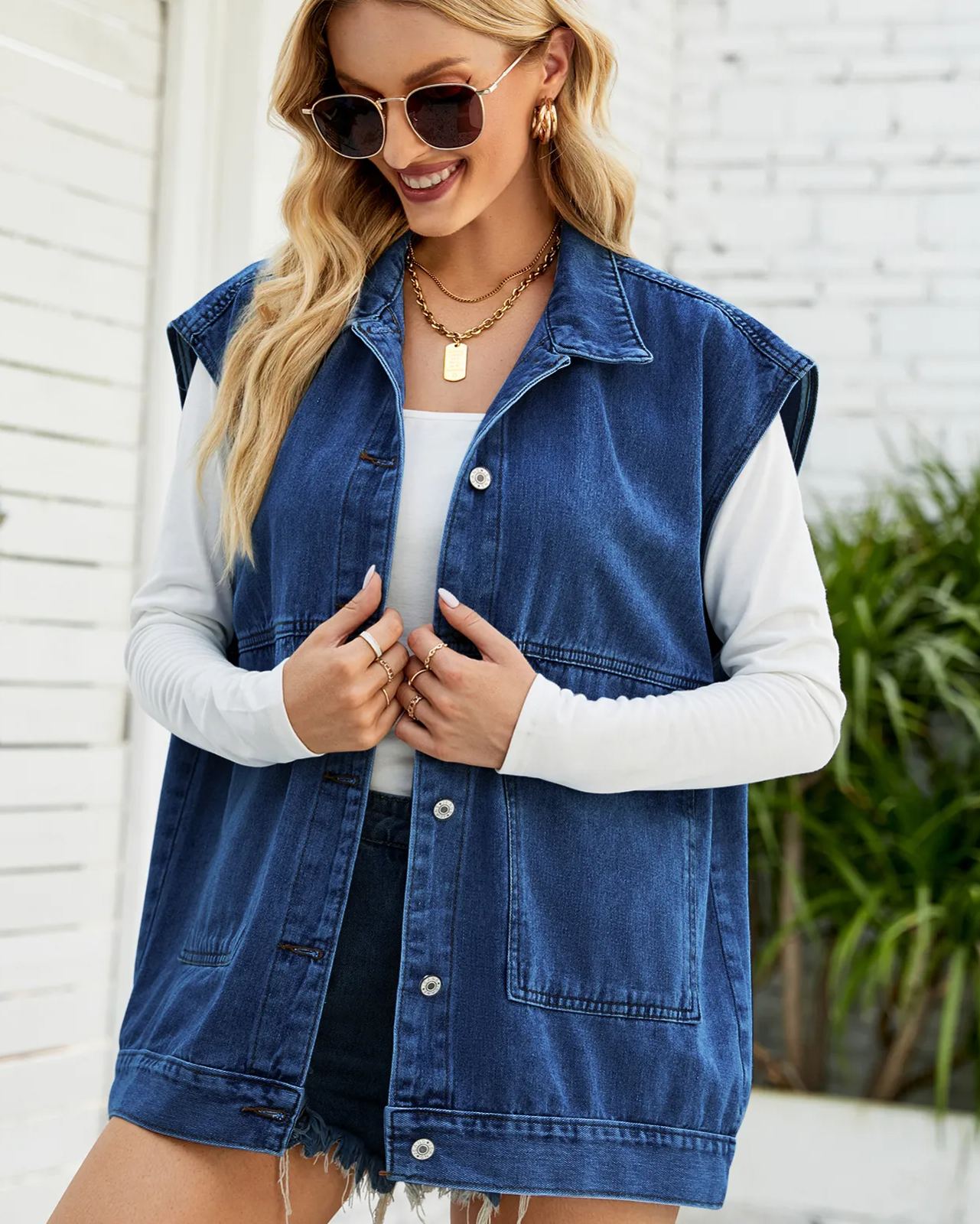 Womens Lapel Collar Button Down Sleeveless Loose Jean Vest 